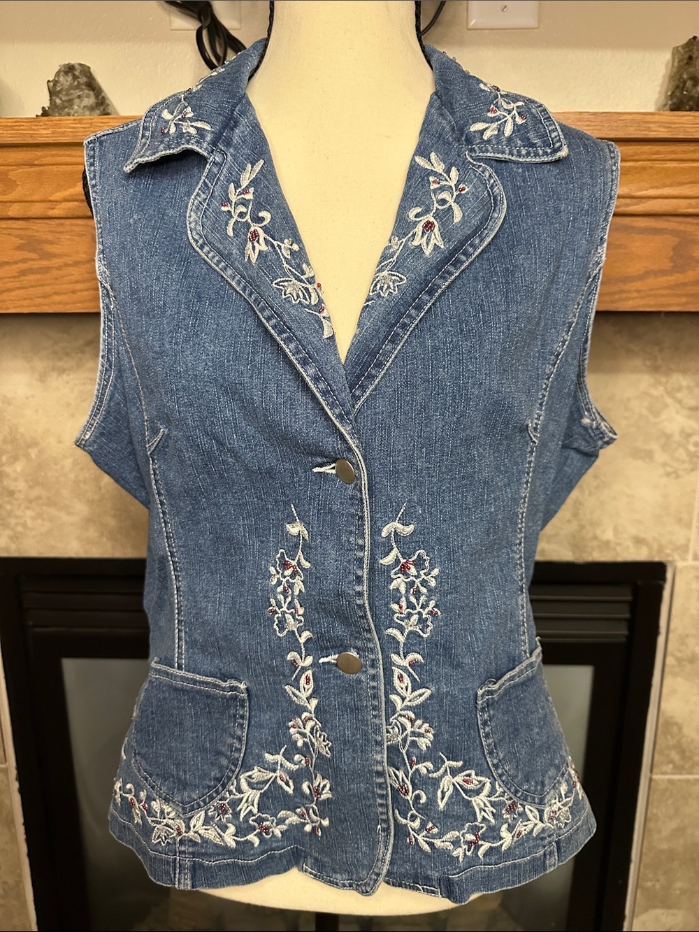 NorthStyle M Embroidered Beaded Denim Vest Floral Y2K Jean Blazer Vest